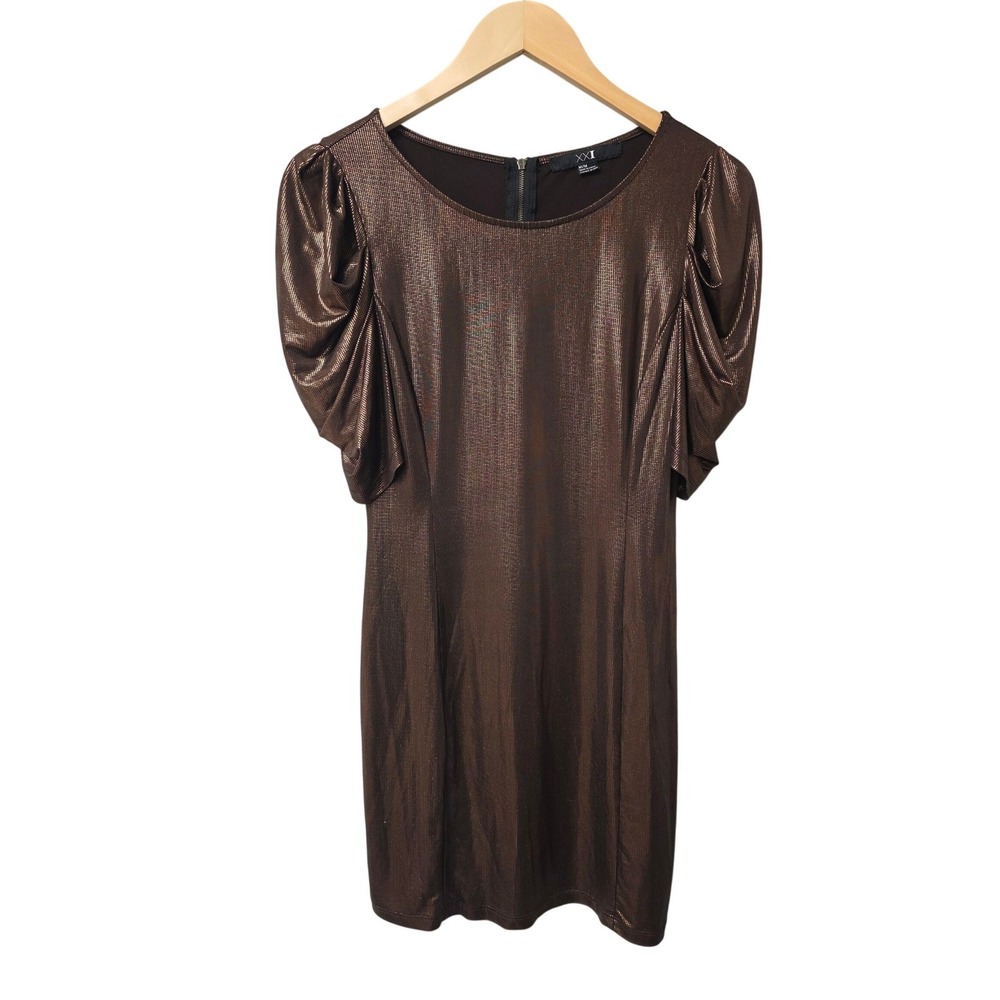 Vintage Forever 21 Mini Dress Women M Brown Metallic Shimmer Puff Sleeve Ruched